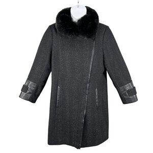 Via Spiga Women 16W Black Wool Blend Faux Fur Collar Asymmetrical Coat Old Money